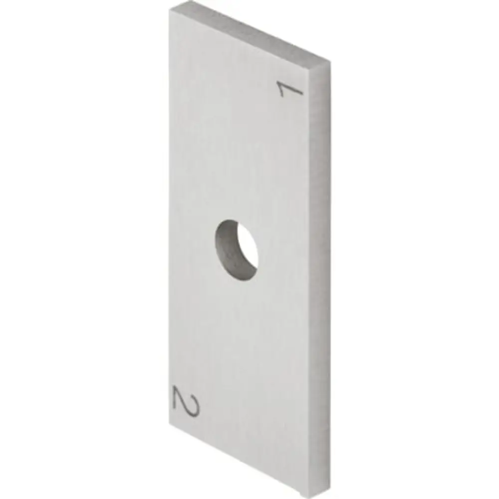 Hobelmesser aus Metall mit einer rechteckigen Form und einem zentralen Loch, gekennzeichnet mit Zahlen 1 und 2. Produkt von Geberit, geeignet für Handrohrschaber.