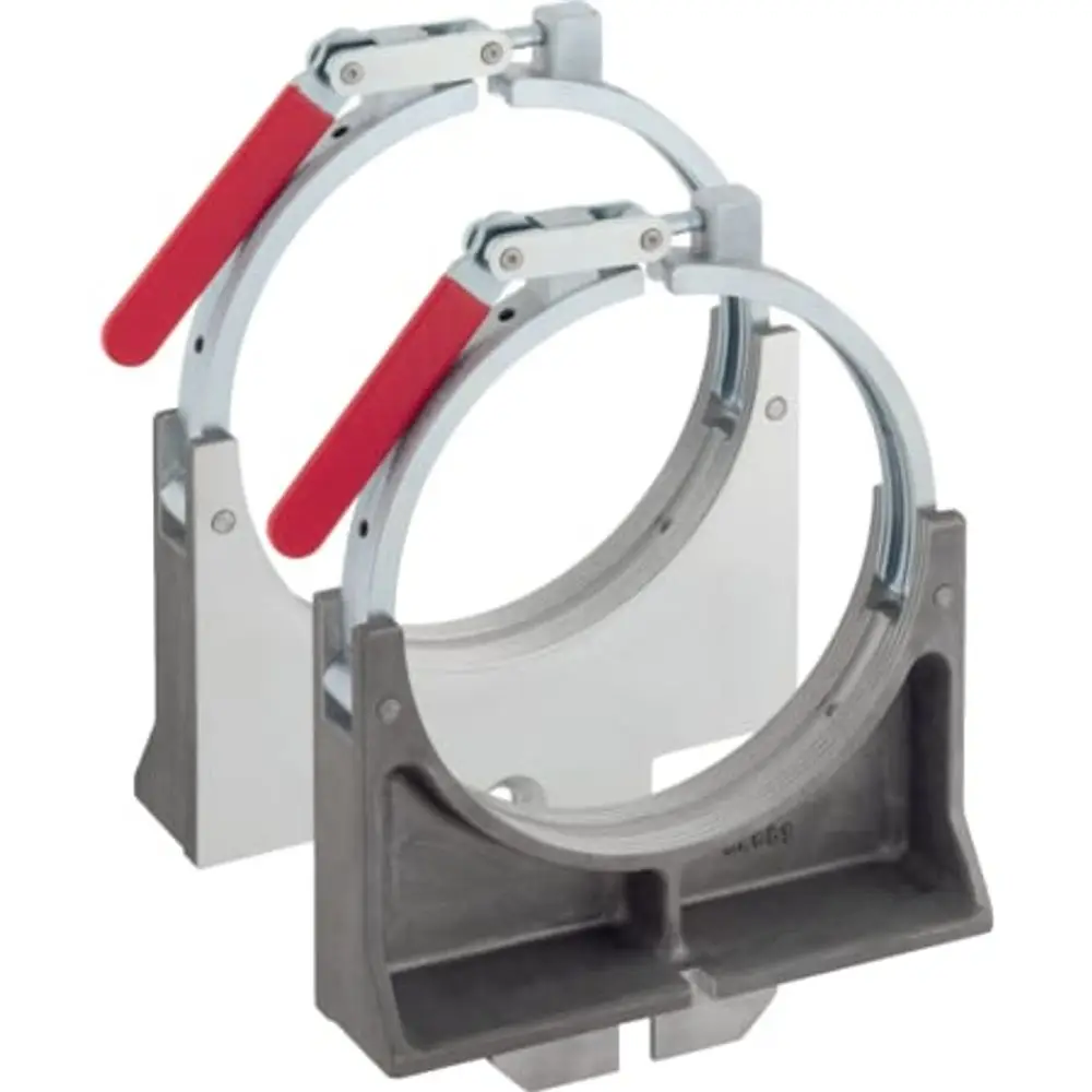 Set mit Aufspannplatten von Geberit, bestehend aus zwei runden Teilen mit Klappmechanismus und roten Griffen zur sicheren Befestigung.