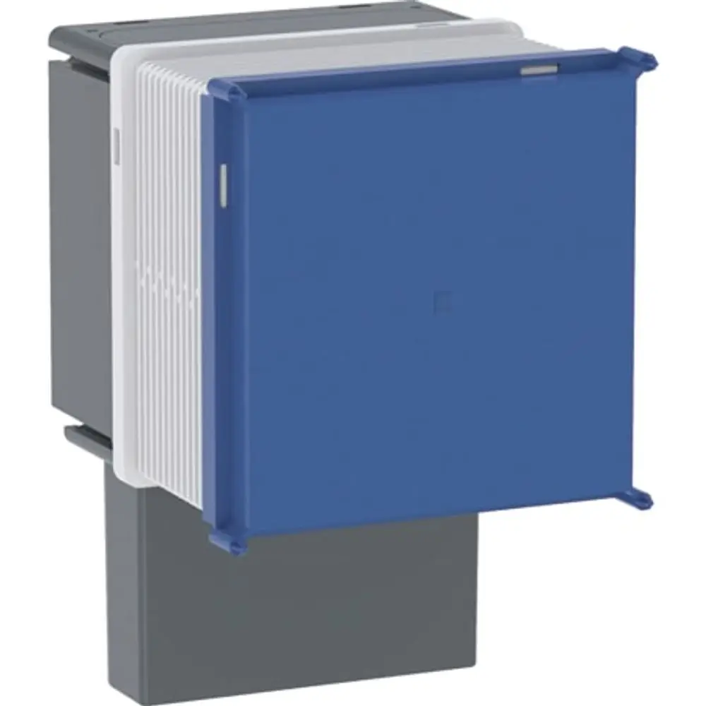 Rohbaubox aus Kunststoff in Grau und Blau, geeignet für die Installation von Geberit-Gateways, montiert in einem neutralen Raum.