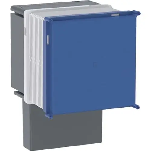 Rohbaubox aus Kunststoff in Grau und Blau, geeignet für die Installation von Geberit-Gateways, montiert in einem neutralen Raum.