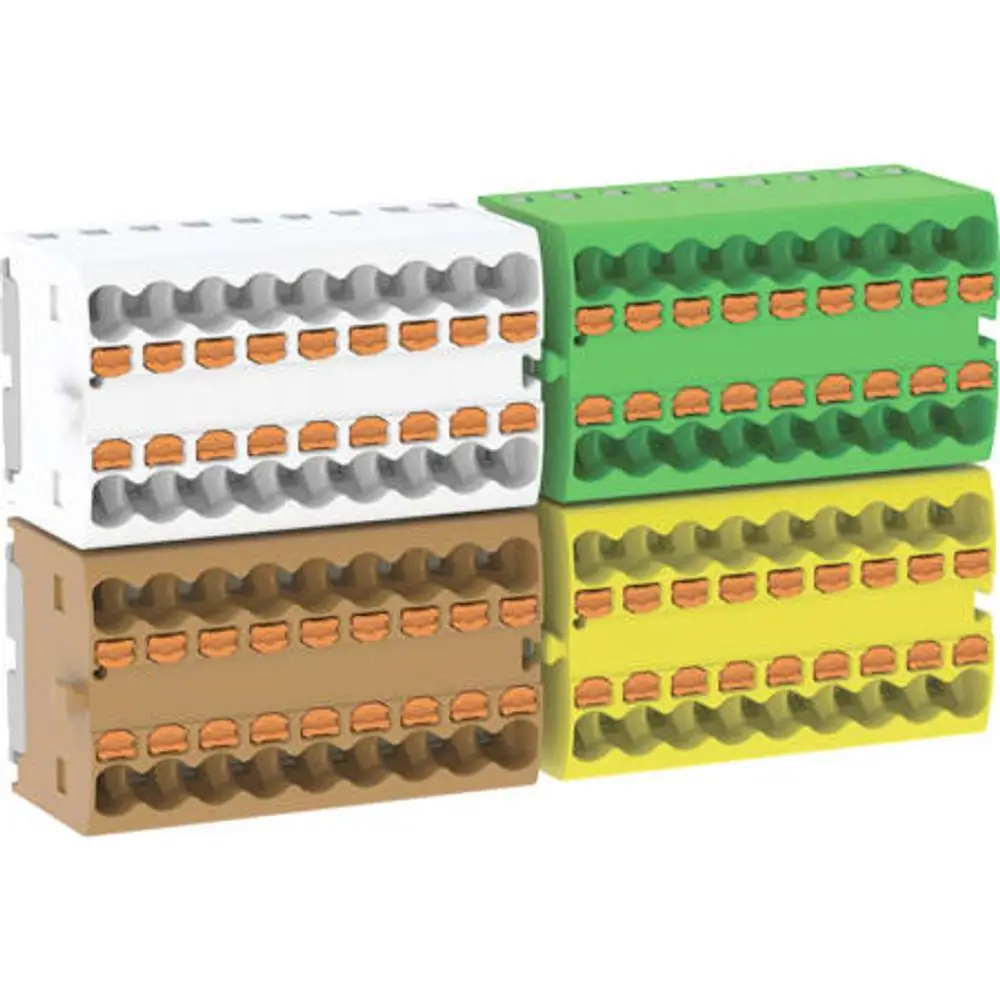 Klemmblock in verschiedenen Farben (weiß, grau, grün, braun, gelb) mit mehreren Anschlüssen, hergestellt von Geberit, für die elektrische Verbindung und Verdrahtung.