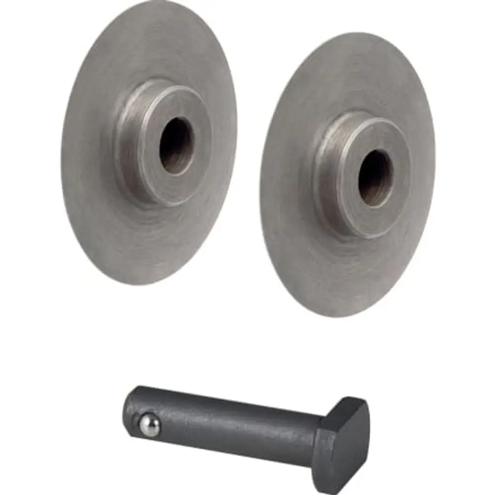 Set aus zwei Metallrädern mit zentralem Loch und einem Ausgleichsstift, hergestellt von Geberit, geeignet für Rohrschneider.