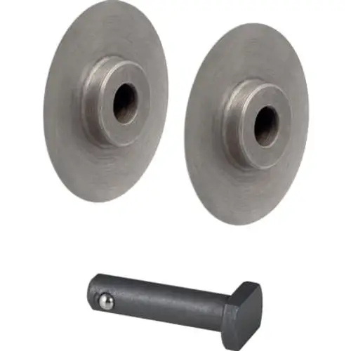 Set aus zwei Metallrädern mit zentralem Loch und einem Ausgleichsstift, hergestellt von Geberit, geeignet für Rohrschneider.