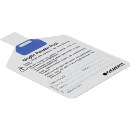 Geberit Testkarte mit Sicherheitsinformationen und Platz für Dokumentation. Design für Mepla PowerTest, zeigte Anweisungen und Warnhinweise.