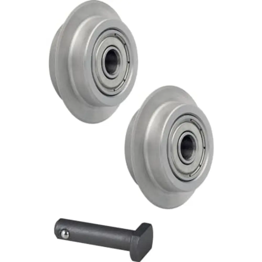 Set aus Schneidrädern mit Werkzeug zum Schneiden, geeignet für den Mapress Rohrschneider von Geberit. Die Räder sind aus Metall und verfügen über integrierte Lager.