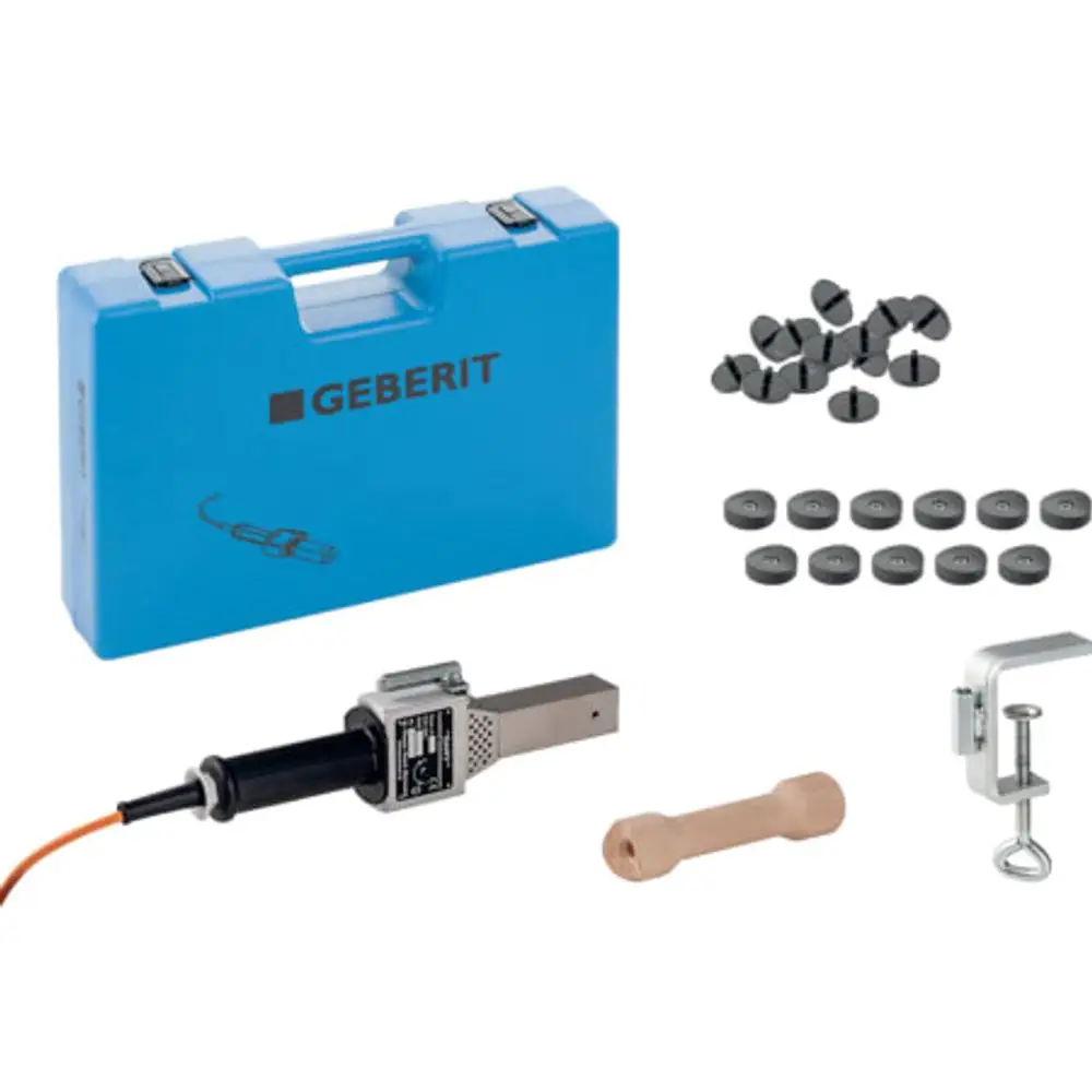 Geberit PE Reparaturwerkzeug im blauen Koffer, bestehend aus einem Werkzeug, mehreren Schwarz- undGraufarbelementen sowie einer Halterung.