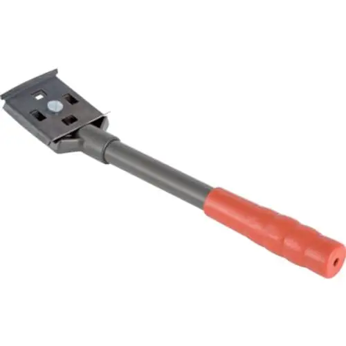 Handrohrschaber mit rotem Griff und schwarzem Metallkopf. Das Produkt stammt von der Marke Geberit und eignet sich zur Bearbeitung von Rohren.