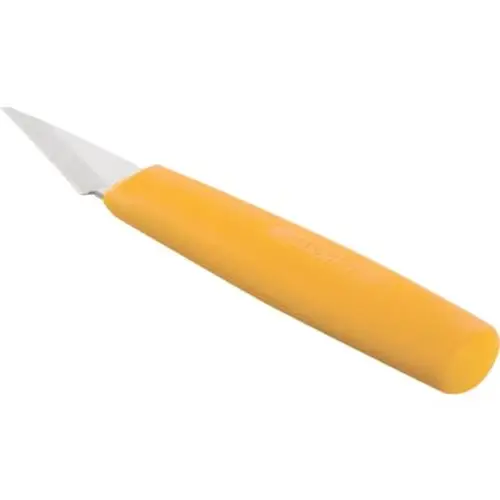Entgratmesser mit gelbem Griff und schmaler Klinge, hergestellt von Geberit, geeignet zum Entfernen von Graten an Materialien.