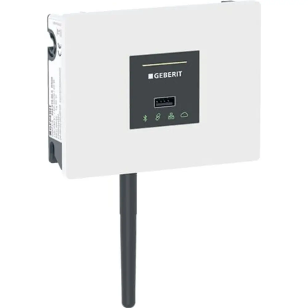Weißes Geberit-Gateway mit einem schwarzen Bedienfeld und Antenne, ausgestattet mit USB-Anschluss und verschiedenen Statusanzeigen.