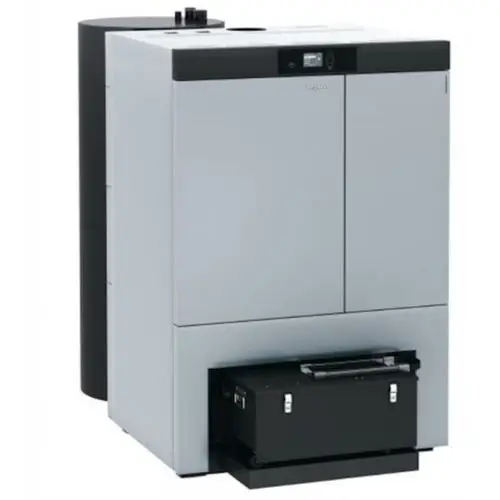 Viessmann Pelletheizung in moderner, grauer und schwarzer Ausführung mit digitalem Steuerungspanel und einer Konstruktion für die effiziente Nutzung von Pellets.