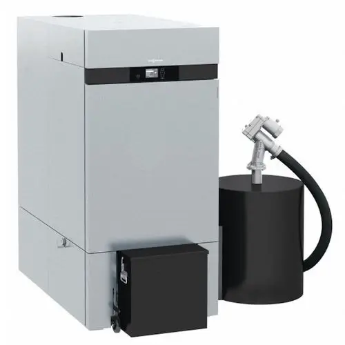 Moderne Viessmann Pelletheizung mit einem klaren, eleganten Design und einem integrierten Behälter für Pellets, geeignet für bis zu 99 kW Leistung.