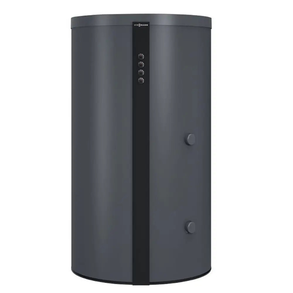 Grauer, zylindrischer Pufferspeicher von Viessmann mit Bedienfeld auf der Vorderseite und zwei Anschlüssen an der unteren Seite.