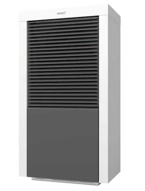 Wärmepumpe in modernem Design mit weißem und grauem Gehäuse, horizontalen Lamellen und einem kompakten Aufbau. Ideal für Heizlösungen in Wohnräumen.
