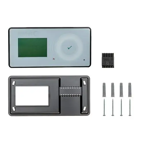 Digitale Steuerungseinheit für eine Wärmepumpe, bestehend aus Display, Montagerahmen, Anschlussstecker und Befestigungsmaterial.