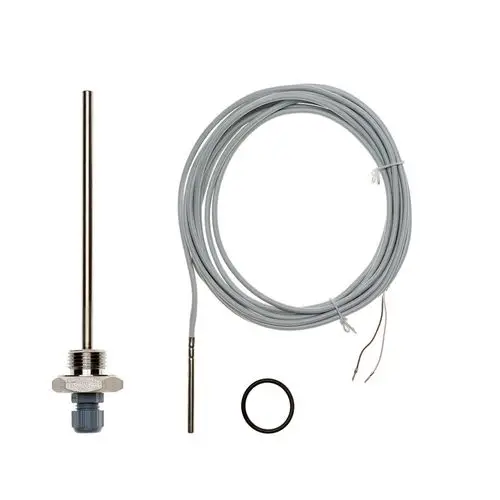 Temperatursensor mit Edelstahlsonde, Anschlussstück und Kabeln, inklusive Dichtung.