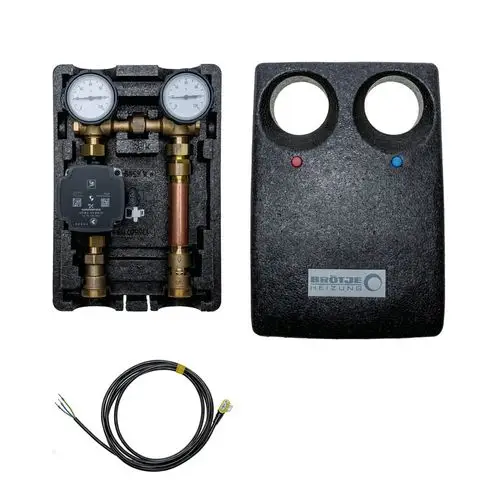 Zwei Manometer und ein Förderzustandswächter in einem schwarzen Gehäuse, umgeben von einer elektrischen Anschlussleitung.