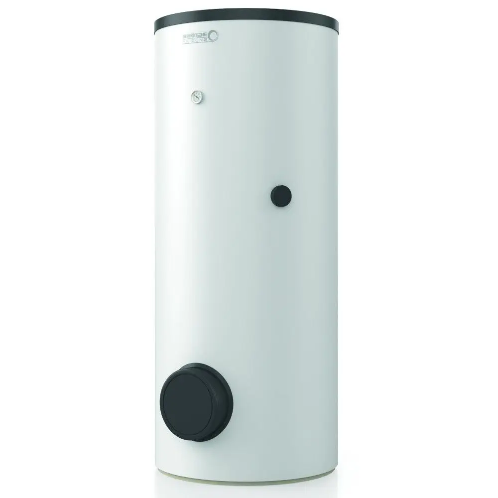 Weißer, zylindrischer Warmwasserbereiter von Brötje mit einem schwarzen Bedienelement und einem einfachen, funktionalen Design.