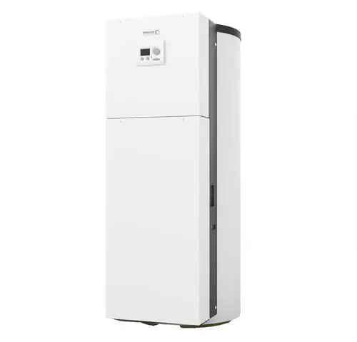 Hocheffiziente Wärmepumpe in kompaktem Design, ausgestattet mit einem Bedienpanel und einer modernen weißen Oberfläche für Heiz- und Kühlanwendungen.
