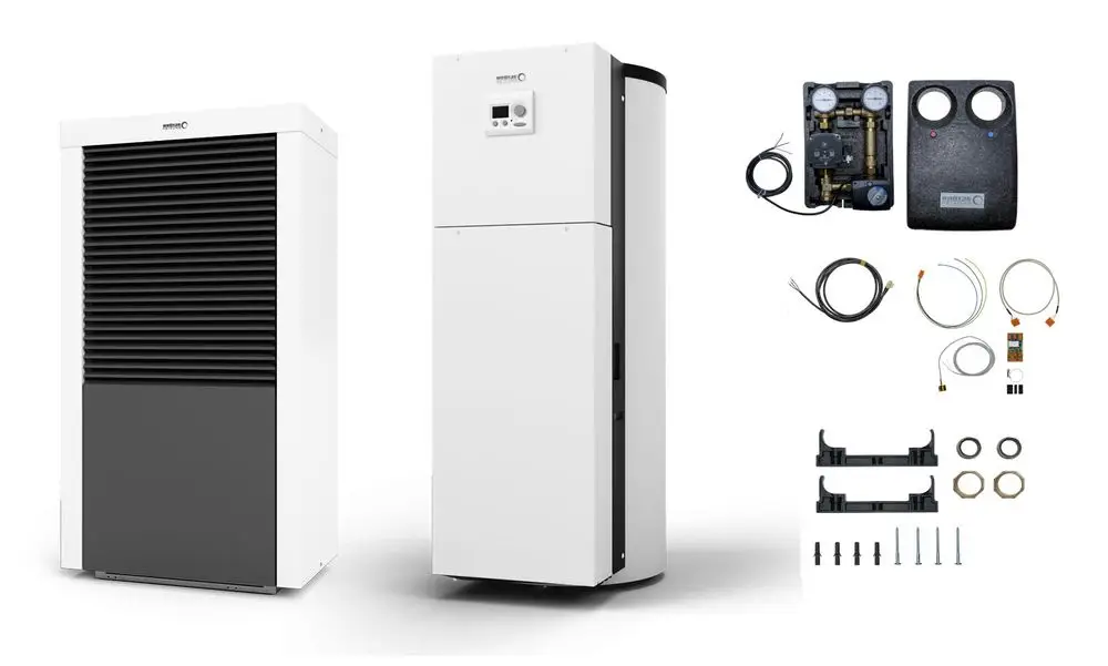 Brötje Wärmepumpe Systempaket mit Außengerät, Innengerät und Zubehörteilen, einschließlich Steuerung, Rohren und Verbindungselementen auf hellen Hintergrund.