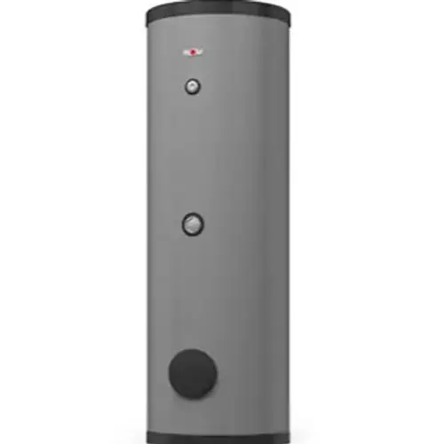 Grauer Warmwasserspeicher mit runder Form, drei Bedienelementen in der Mitte und einer großen schwarzen Taste an der Unterseite.