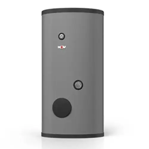 Grauer Warmwasserspeicher mit runder Form, zwei Bedienelementen und einem kleinen Lichtindikator.