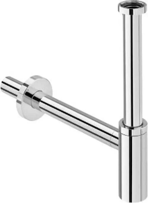 Glänzendes, verchromtes Rohrsystem mit zwei verbundenen Rohren und einer runden Wandplatte, ideal für Sanitärinstallationen.