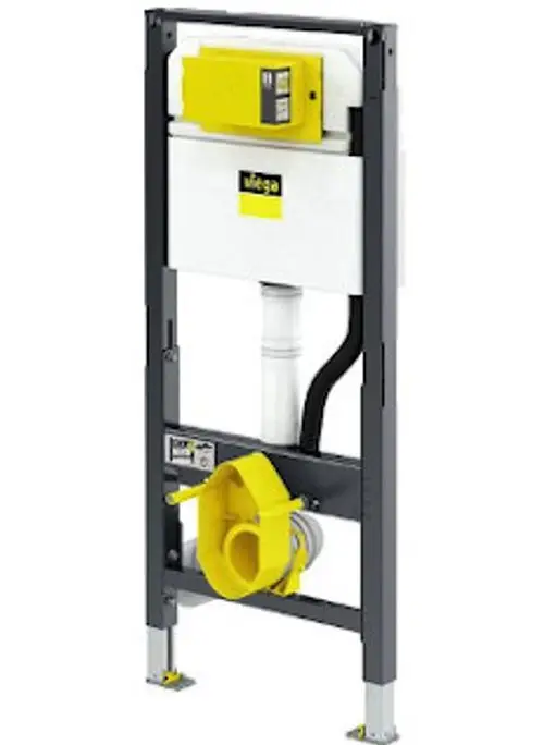 Viega Wand-WC Vorwandinstallationssystem mit Aluminiummontagerahmen, Spülkasten und Abflussrohr in gelb und grau.