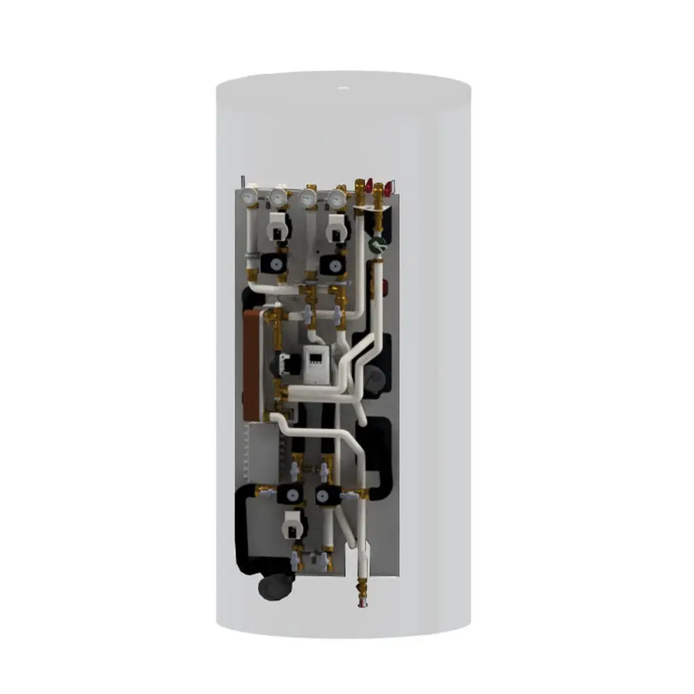 Kermi-Hydromodul mit verschiedenen Anschlüssen und Rohrleitungen. Sichtbare Komponenten für Heizkreisregelung und Wärmeübertragung. Eignet sich für Heizsysteme.