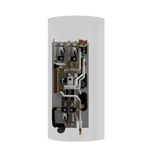 Kermi-Hydromodul mit verschiedenen Anschlüssen und Rohrleitungen. Sichtbare Komponenten für Heizkreisregelung und Wärmeübertragung. Eignet sich für Heizsysteme.