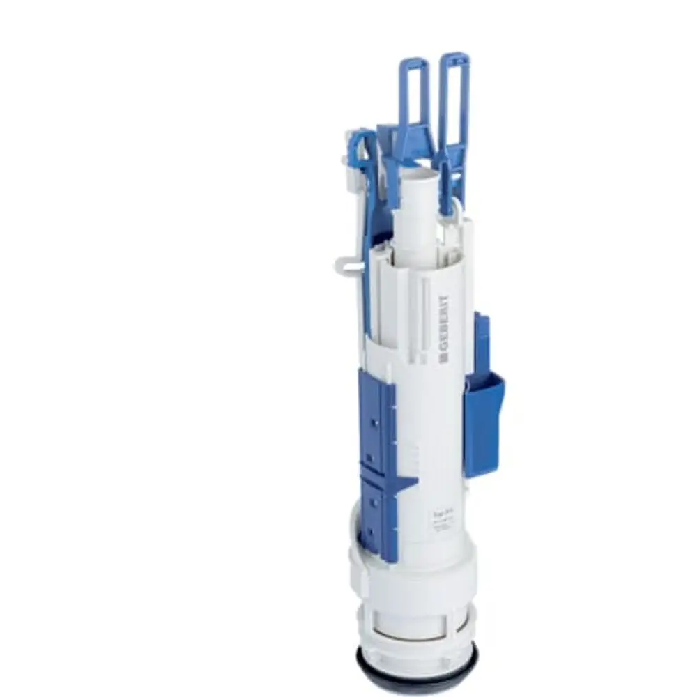Geberit Spülventil in Weiß mit blauen Halterungen, geeignet für interne Spülkästen. Das Produkt zeigt eine kompakte Bauform für Sanitärinstallationen.
