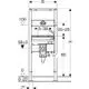 Geberit Duofix Element mit Montageansicht für eine elektronische Wandarmatur. Darstellung von Maßen und Installationspunkten für den Waschtischanschluss.