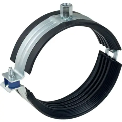 Rohrschelle mit Gewindemuffe, gefertigt von Geberit. Konstruktion aus Metall und Gummi, geeignet zur Befestigung von Rohren.