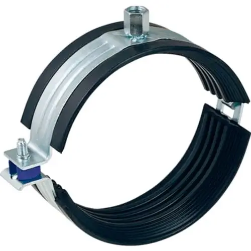 Rohrschelle mit dämpfendem Material und Gewindemuffe, zur Befestigung von Rohren, Hersteller Geberit. Ideal für Installationen im Sanitärbereich.
