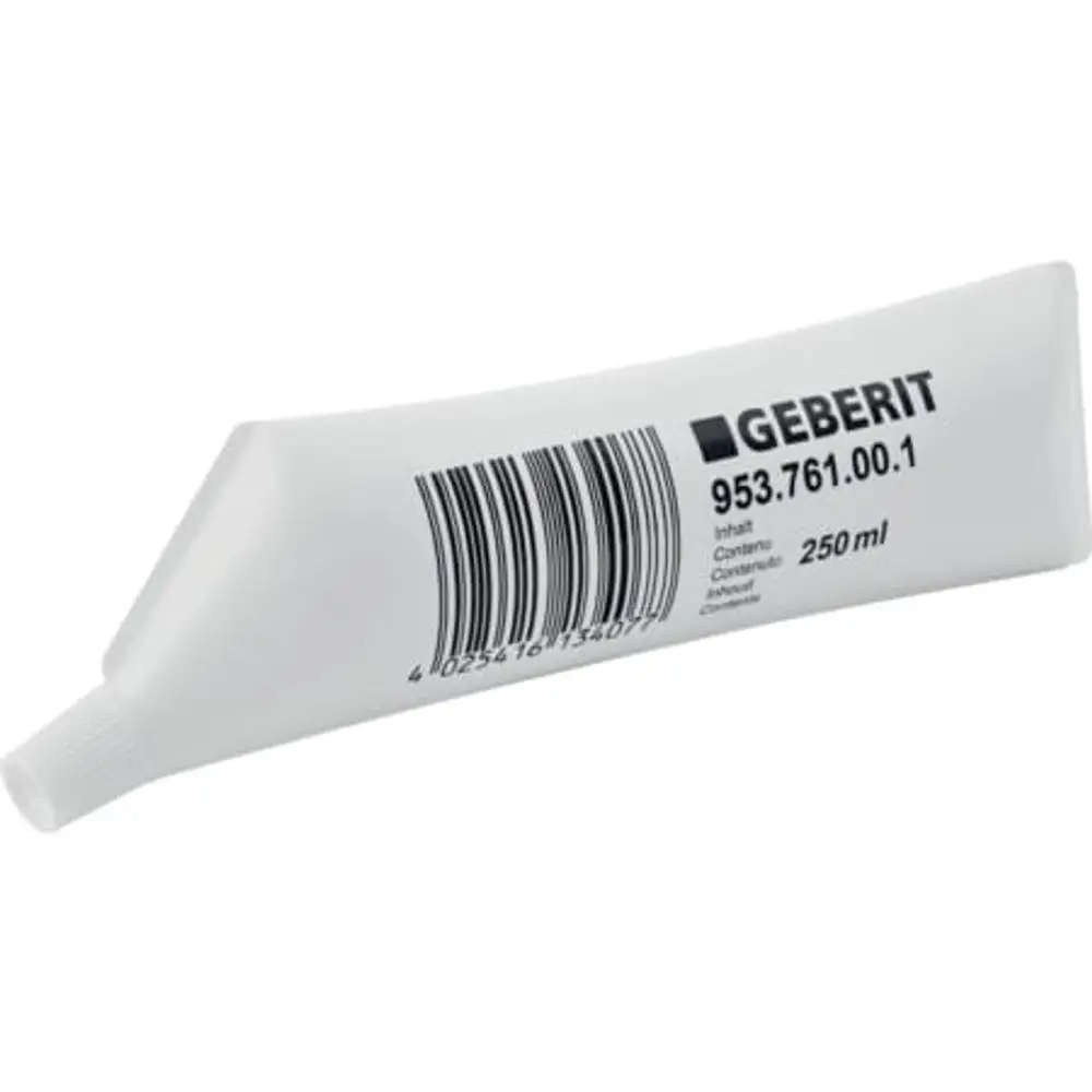 Weiße Tube mit spitzer Öffnung von Geberit, beschriftet mit Artikelnummer und Barcode. Inhalt: 250 ml.