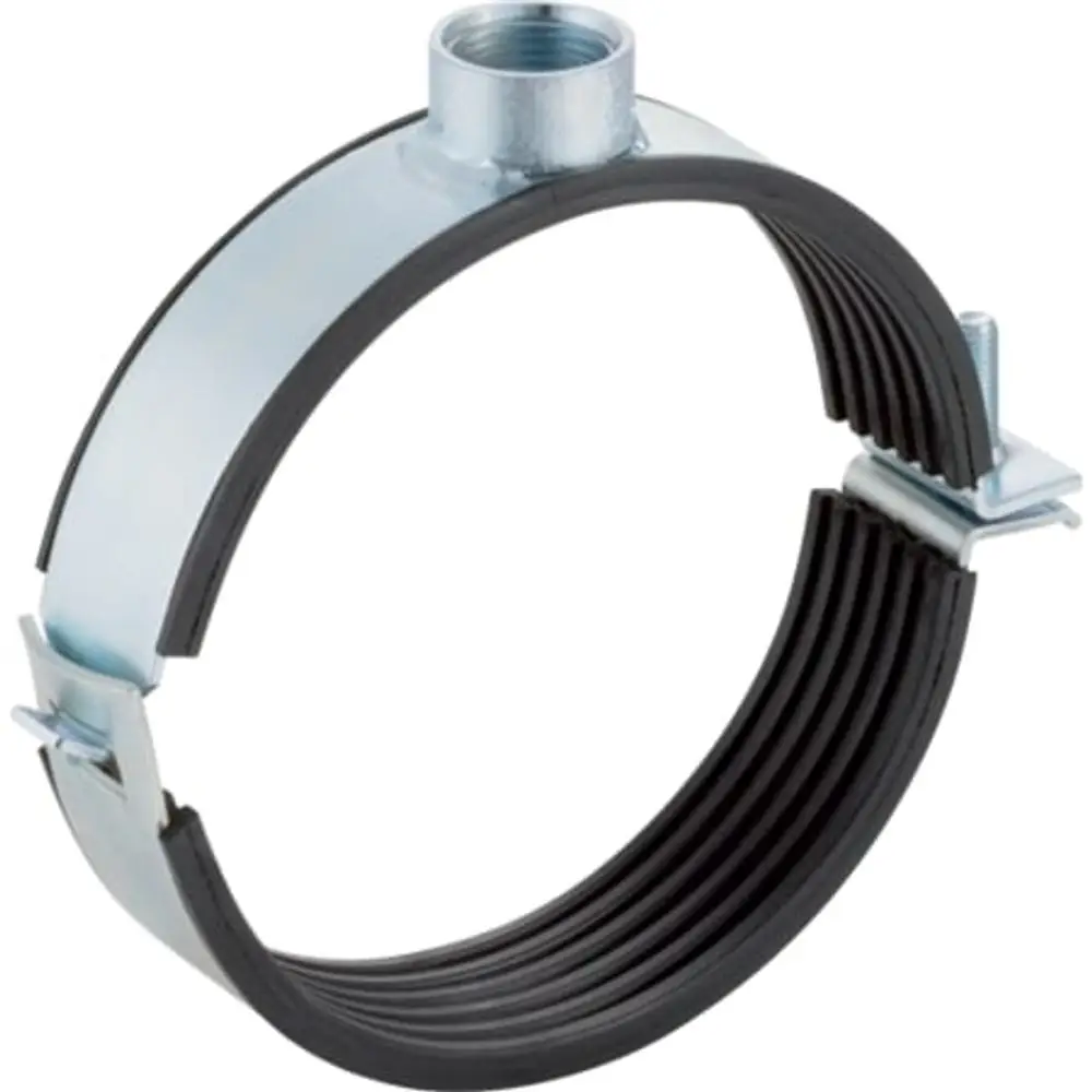 Rohrschelle aus Metall mit gummierter Oberfläche, versehen mit einer Gewindemuffe. Produkt von Geberit zur Befestigung von Rohren.