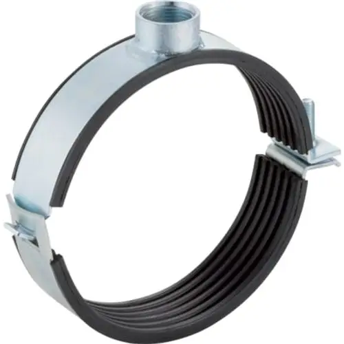 Rohrschelle aus Metall mit gummierter Oberfläche, versehen mit einer Gewindemuffe. Produkt von Geberit zur Befestigung von Rohren.