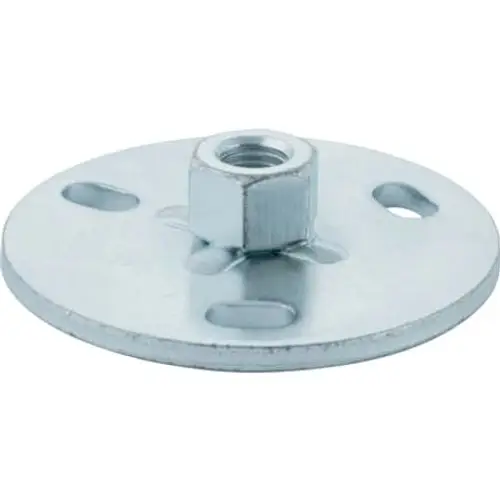 Runde Grundplatte mit Dreilochmontage und Gewindemuffe, gefertigt von Geberit. Die Platte zeigt eine Metalloberfläche und ist für verschiedene Montagesituationen geeignet.