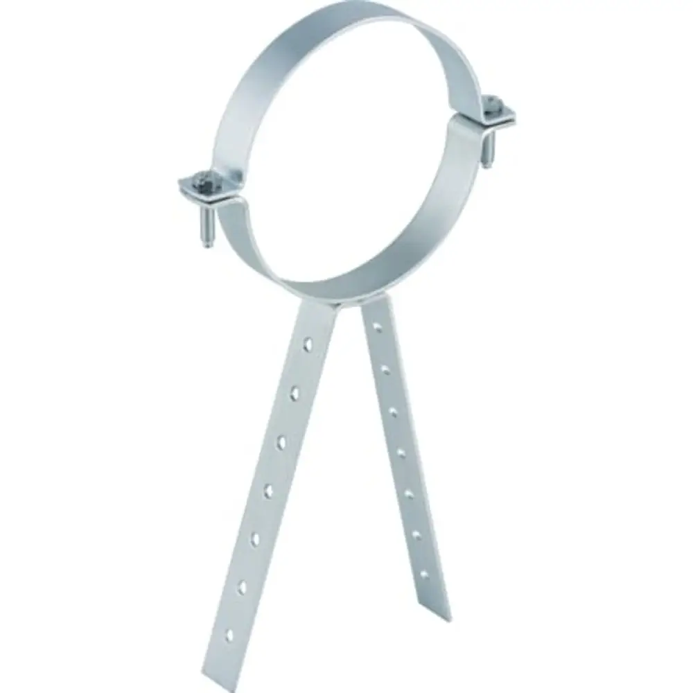 Rohrschelle aus Metall mit zwei vertikalen Stützen und einem runden Halteelement, geeignet für die Installation. Marke: Geberit.