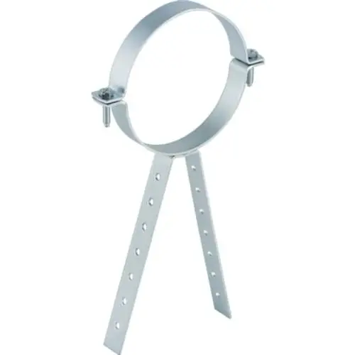 Rohrschelle aus Metall mit zwei vertikalen Stützen und einem runden Halteelement, geeignet für die Installation. Marke: Geberit.