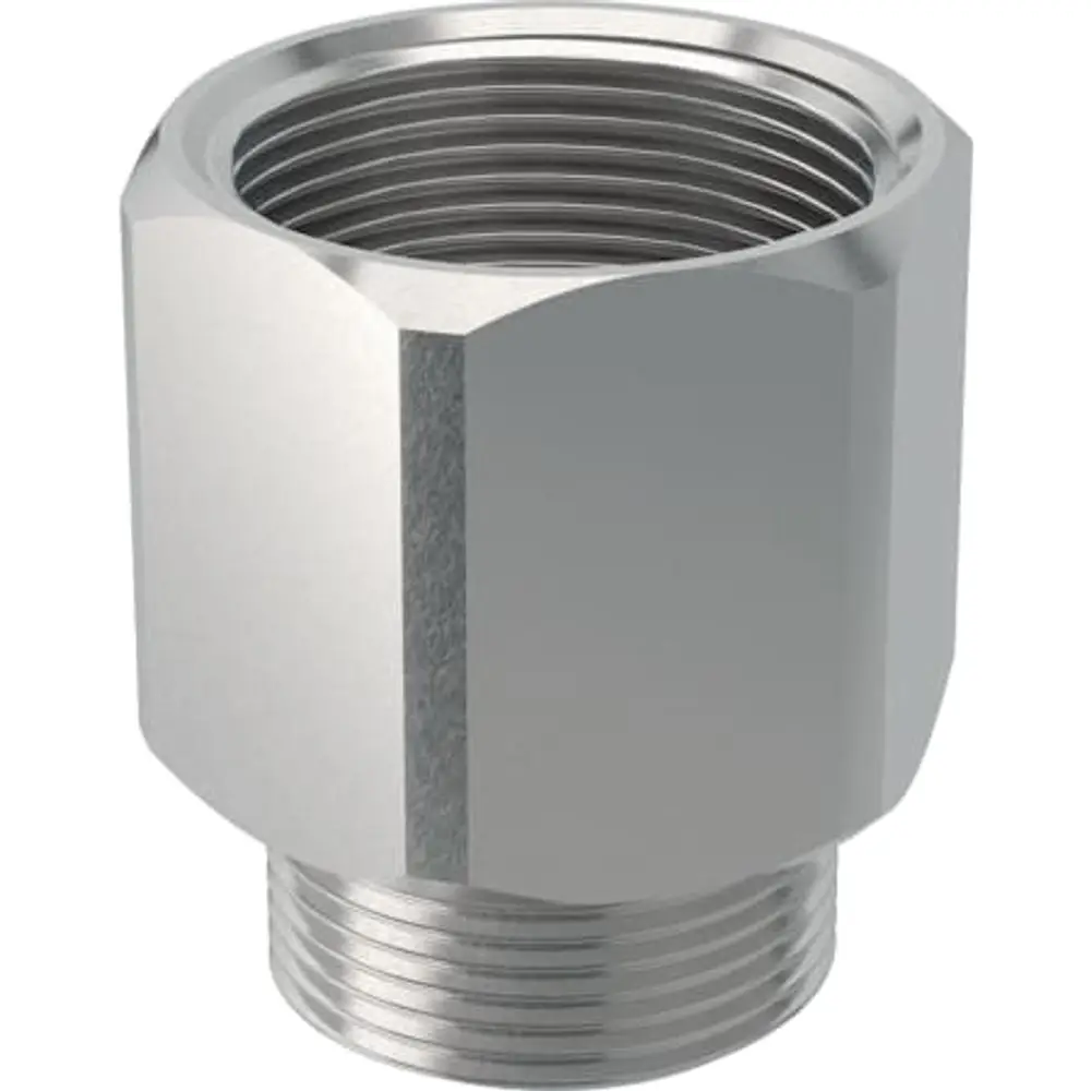 Adapter aus Metall mit Innen- und Außengewinde, verwendet in Verbindung mit Geberit-Produkten für Rohrsysteme.