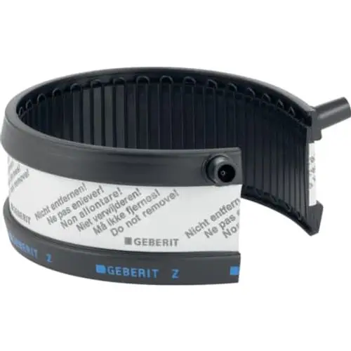 Elektroschweißband von Geberit, schwarz mit weißen Beschriftungen. Geeignet für Anwendungen im Sanitärbereich, speziell für Verbindungen in Rohrsystemen.