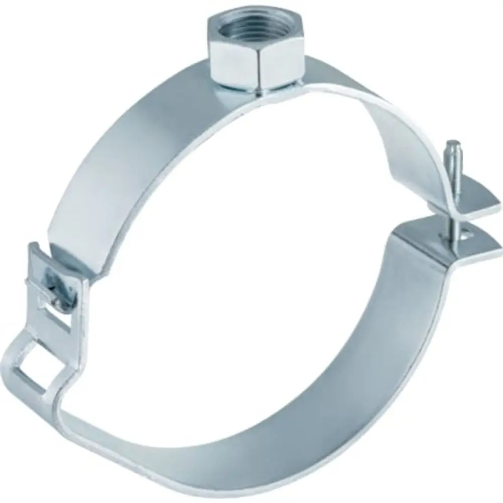 Rohrschelle aus Metall mit Gewindemuffe zur Befestigung, gefertigt von Geberit, zeigt eine verstellbare Halterung zur Montage von Rohren.