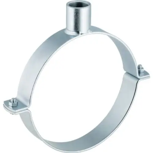 Rohrschelle aus Metall mit Gewindemuffe, geeignet zur Befestigung von Rohren. Produkt von Geberit, mit zwei seitlichen Schrauben zur Fixierung.