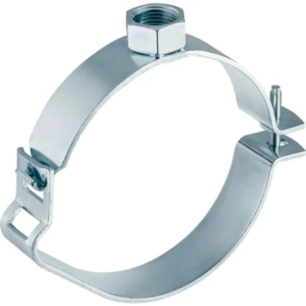 Rohrschelle aus Metall mit Gewindemuffe, einstellbar, zur Befestigung von Rohren, abgebildet vor neutralem Hintergrund. Geberit-Produkt zur sicheren Rohrmontage.