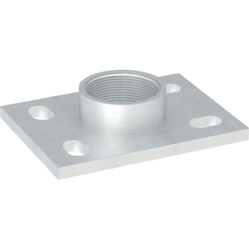 Rechteckige Grundplatte aus Metall mit vier Löchern zur Befestigung und einer Gewindemuffe, hergestellt von Geberit. Ideal für Montagezwecke in verschiedenen Anwendungen.
