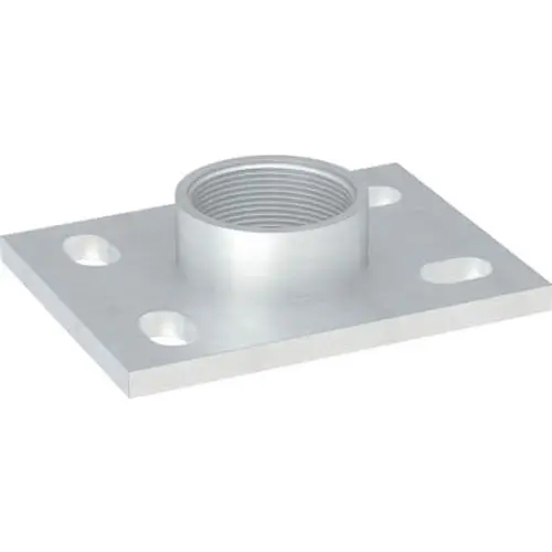 Rechteckige Grundplatte aus Metall mit vier Löchern zur Befestigung und einer Gewindemuffe, hergestellt von Geberit. Ideal für Montagezwecke in verschiedenen Anwendungen.