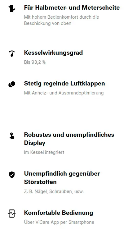 Viessmann Scheitholzkessel mit Informationen zu Kesselwirkungsgrad, Luftklappensteuerung, robuster Display, Unempfindlichkeit gegen Störstoffe und komfortabler Bedienung über App.