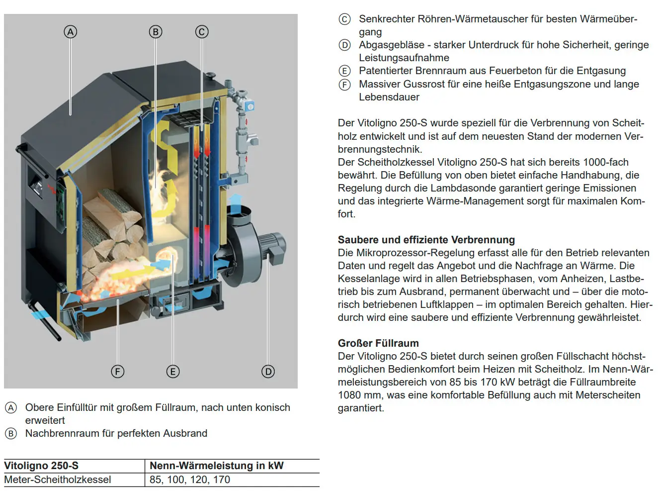 Schematische Darstellung eines Viessmann Scheitholzkessels mit klarer Aufteilung der Komponenten und Erklärungen zu Funktionen wie Abgasblase und Brennraum.