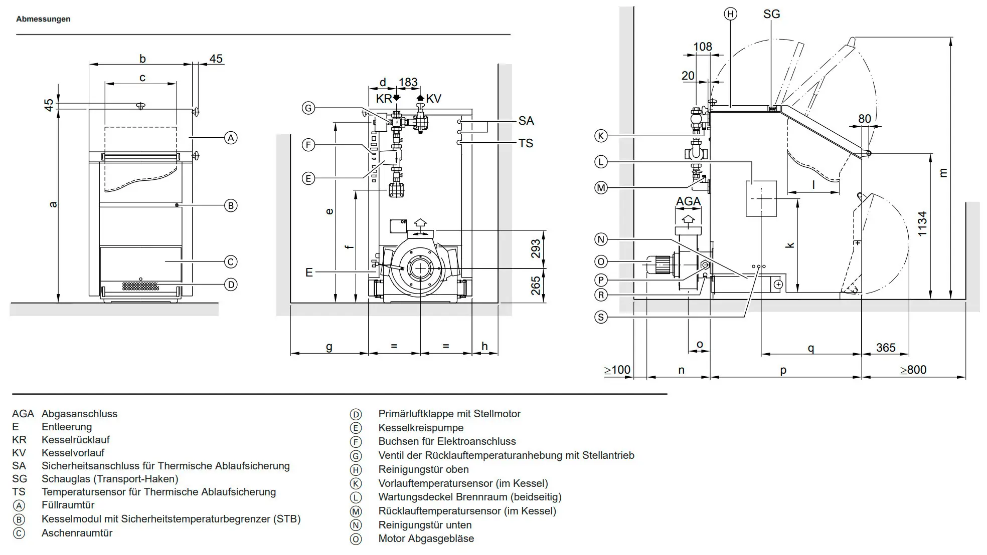 Technische Zeichnung eines Scheitholzkessels von Viessmann mit verschiedenen Anschlüssen und Abmessungen. Darstellung zeigt Seiten- und Frontansicht sowie Detailinformationen.