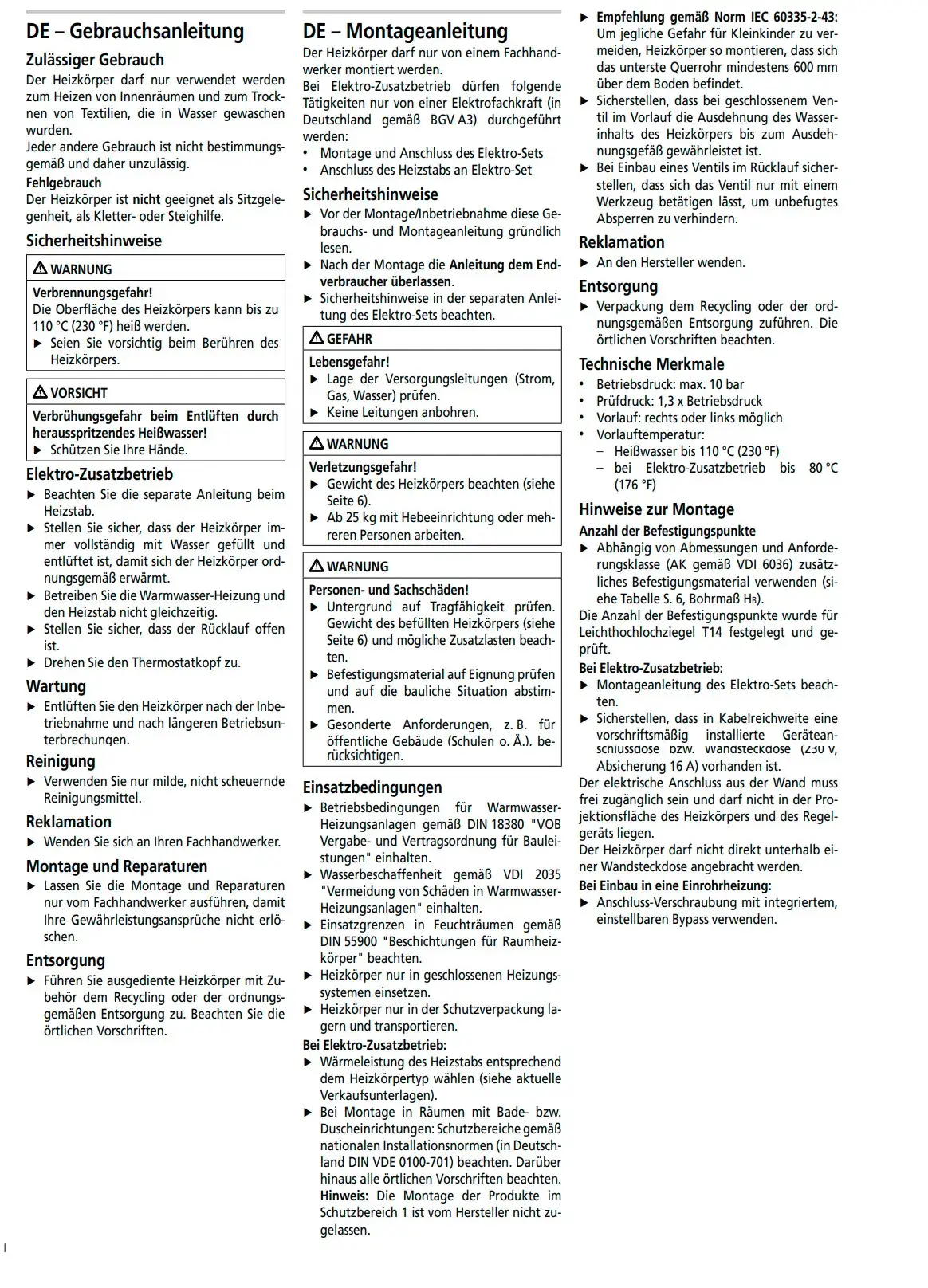 Weißer Kermi-Heizkörper mit Mittel- und Seitenanschluss für den Elektro-Zusatzbetrieb, montiert an einer Wand, umgeben von Sicherheitshinweisen und Montageanleitungen.